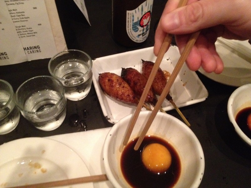 The little chicken skewers came with a little bowl soy sauce and egg yolk that we mixed with our chop sticks and then dipped.