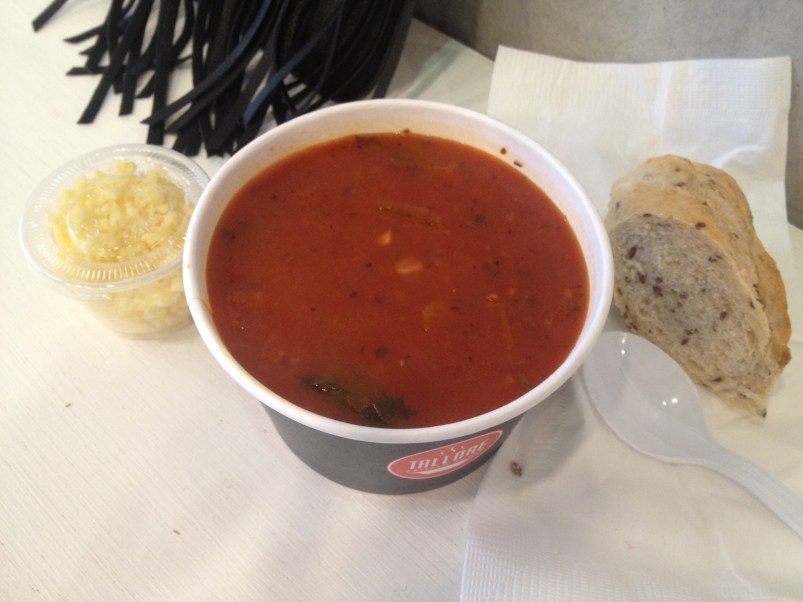 The tomato and red pepper soup, one of the standing items on the menu. 